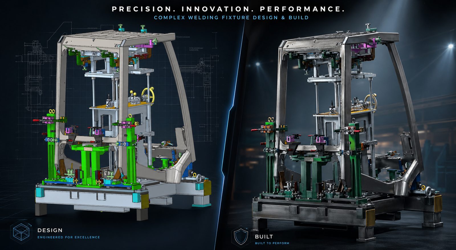 Representative render — complex operator station welding fixture accommodating 8 part variants